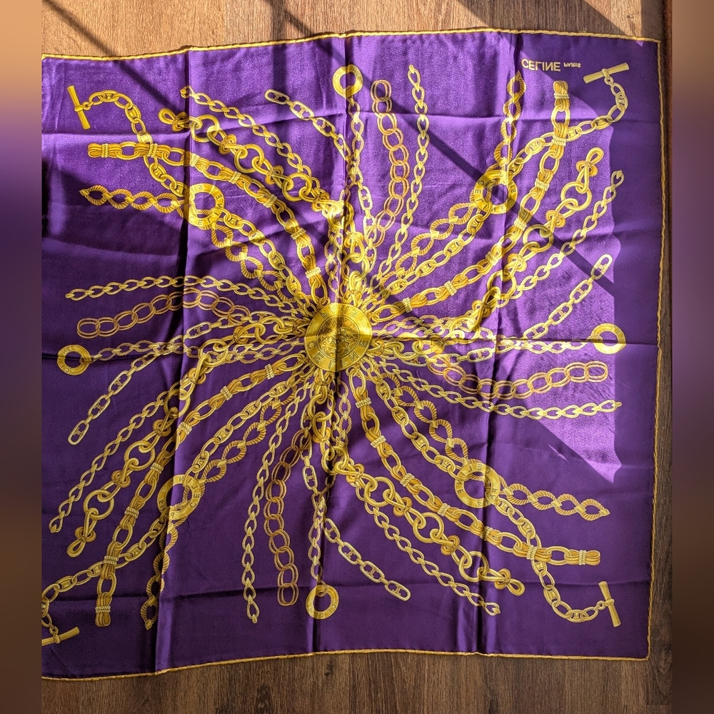 Celine Chain Coin Silk Scarf Purple  with COA VGUC